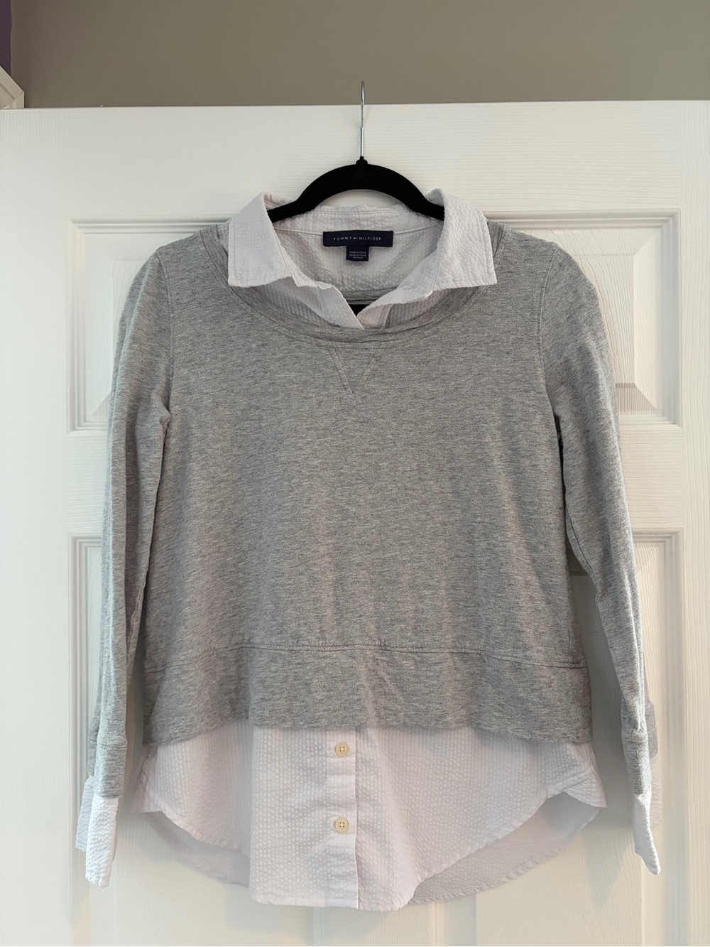 Tommy Hilfiger Gray Layered Pullover with White Shirt Detail